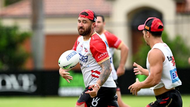 Kenny Bromwich passes the ball during a Dolphins NRL training session at Kayo Stadium. Picture: Bradley Kanaris/Getty Images