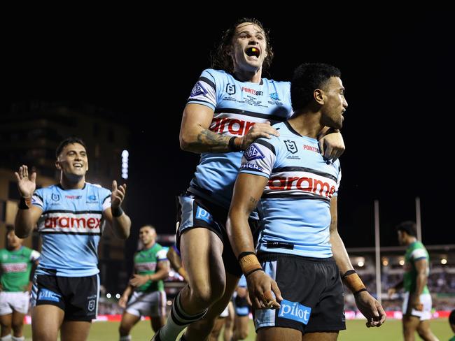 The Sharks celebrate a Ronaldo Mulitalo try. Picture: Cameron Spencer/Getty Images