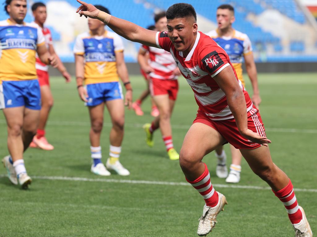 NRL National Schoolboys Cup final at CBUS Stadium between Palm Beach Currumbin and Patrician Blacktown Brothers. PBCs Reuben Tamariki scores.. .Picture Glenn Hampson