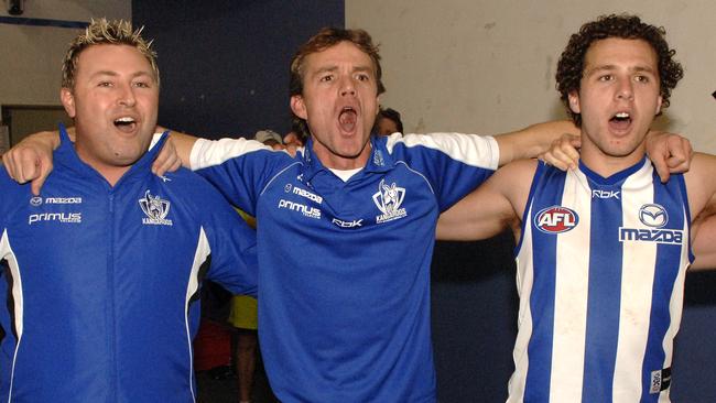 Dean Laidley celebrates a win over Fremantle as North Melbourne coach.