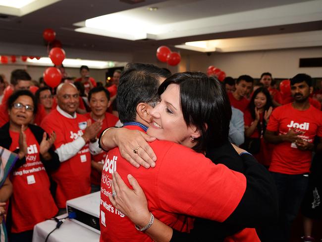 Labor's Jodi McKay was surrounded by a sea of red on Saturday night.