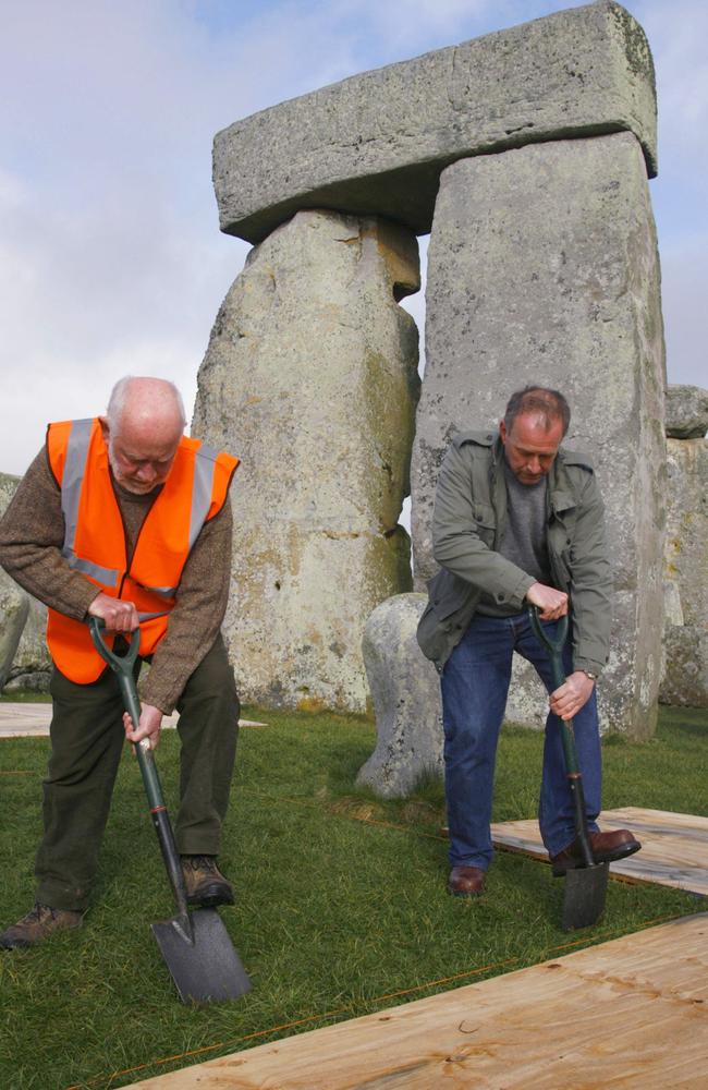 Professor Geoff Wainwright and Professor Tim Darvill begin an excavation inside the stone circle of Stonehenge in Wiltshire, England, in 2008. Picture: AP Photo/Chris Ison/PA