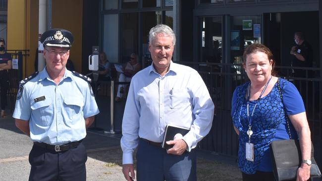 (From left) Mackay Police District Superintendent Glenn Morris, Mackay Mayor Greg Williamson, and Mackay Base Hospital Nursing and Midwifery Executive Director Julie Rampton at Mackay's new vaccination hub at the showgrounds, August 6, 2021. Picture: Matthew Forrest