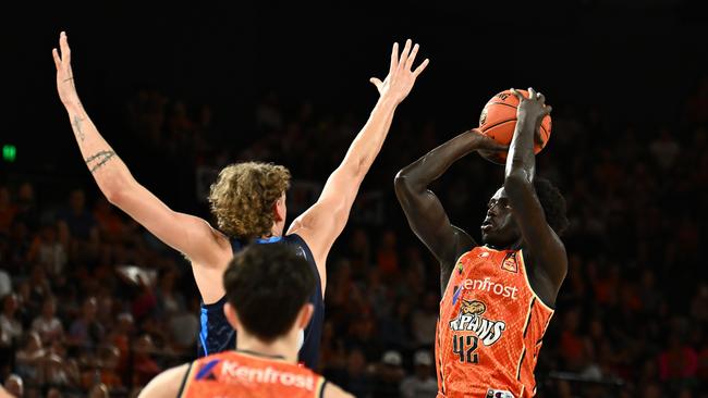 Bul Kuol of the Taipans shoots during the round 13 NBL match between Cairns Taipans and Melbourne United at Cairns Convention Centre. Picture: Emily Barker/Getty Images.