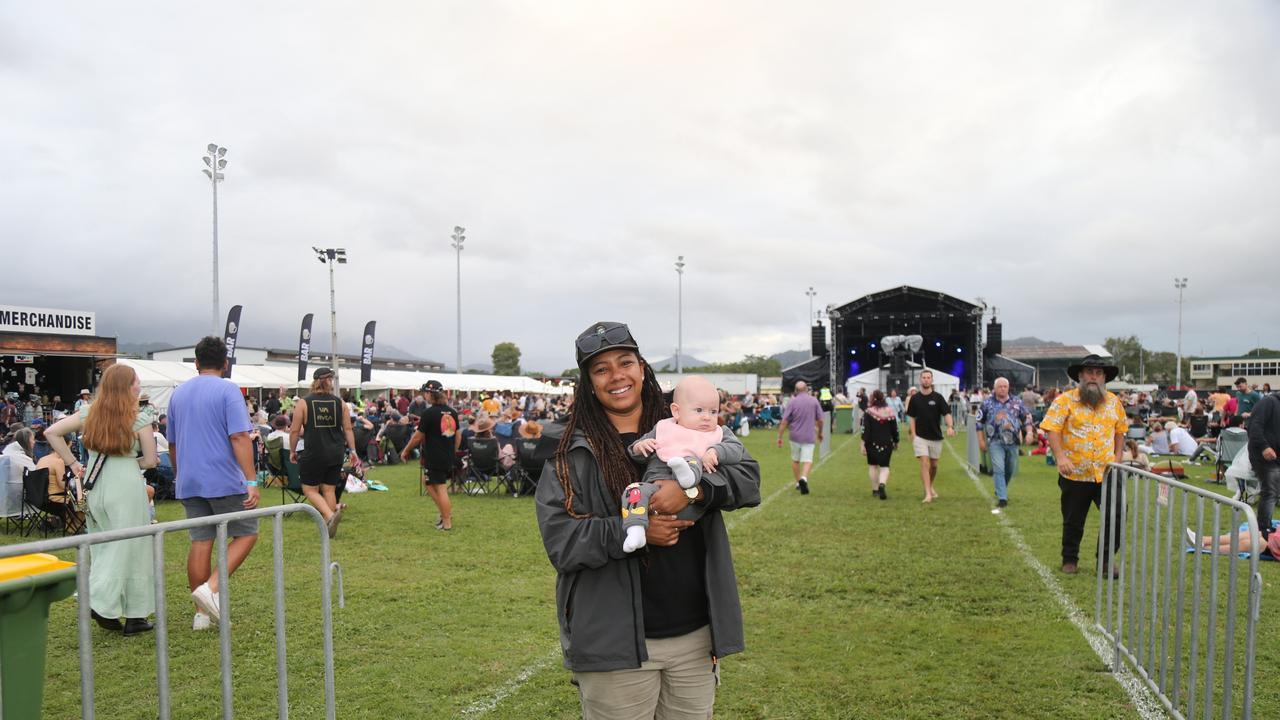 Mum Maita Sherrin and baby Aria enjoy the Cairns edition of the Red Hot Summer Tour, held at the Cairns Showgrounds on May 25 2024. Picture: Angus McIntyre