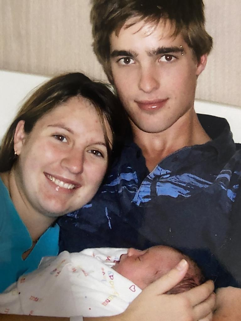 The teenage parents with their firstborn, Brylie who was born in March 2006. Picture: Supplied