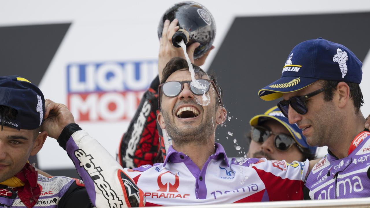 ) Jorge Martin of Spain and Pramac Racing, Gino Borsoi of Italyand Pramac Racing and Johann Zarco of France and Pramac Racing celebrate on the podium during the MotoGP race during the MotoGP of Germany - Race at Sachsenring Circuit on June 18, 2023 in Hohenstein-Ernstthal, Germany. (Photo by Mirco Lazzari gp/Getty Images)