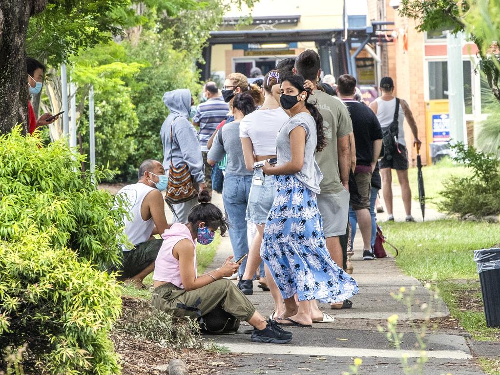 People queuing for Covid-19 tests at Prince Charles Hospital. Picture: Richard Walker