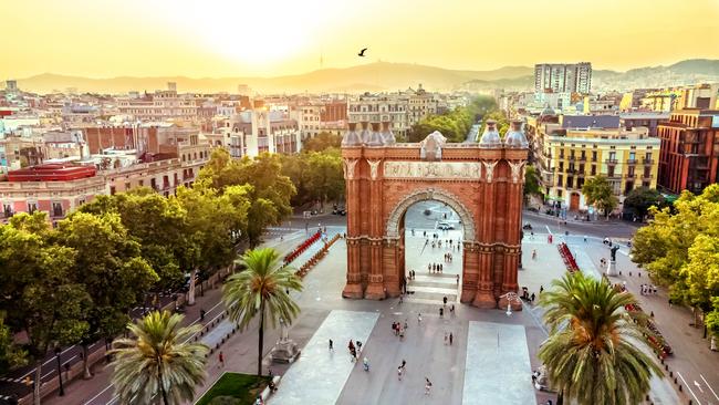 Aerial view of the Arc of the Triumph, a triumphal arch in the city of Barcelona.