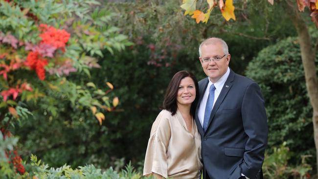 Prime Minister Scott Morrison and his wife Jenny, on the grounds of The Prime Minister’s Lodge in Canberra. Picture: Alex Coppel.