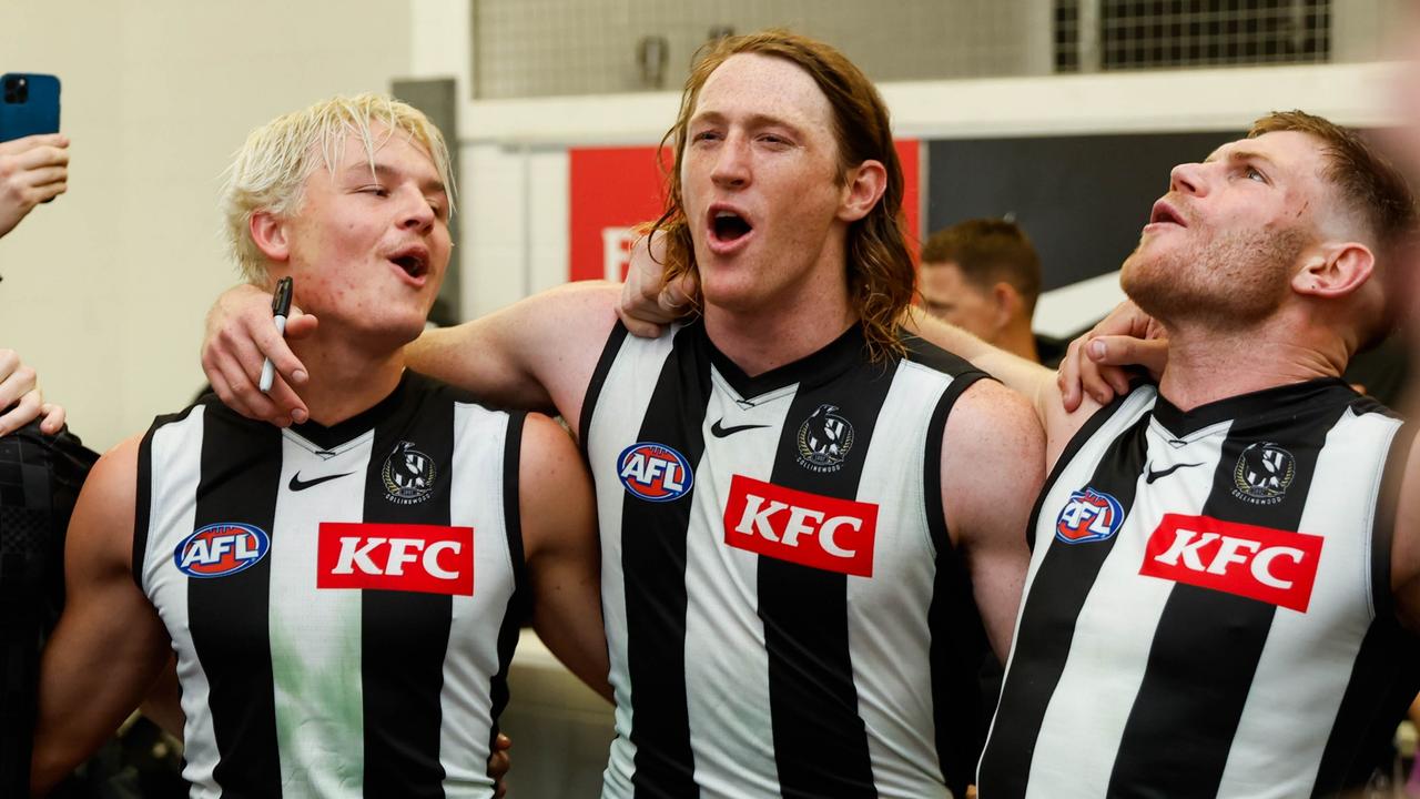 Jack Ginnivan and Nathan Murphy celebrate against the Suns. Picture: Russell Freeman