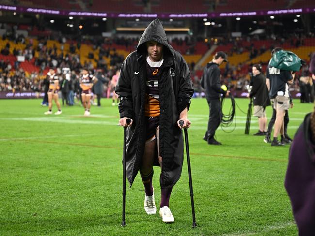 Jock Madden leaves the field on crutches after suffering a hamstring injury against the Panthers. Picture: NRL Imagery