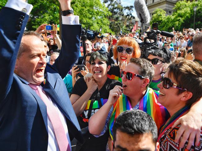Opposition Leader Bill Shorten celebrates the result. Picture: Jason Edwards