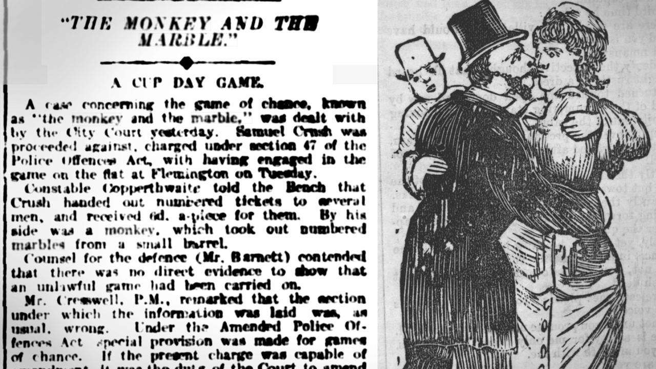 A newspaper article about monkey scammer Samuel Crush, and an illustration of a pickpocket targeting a woman with an embrace. Pictures: Trove, State Library of Victoria