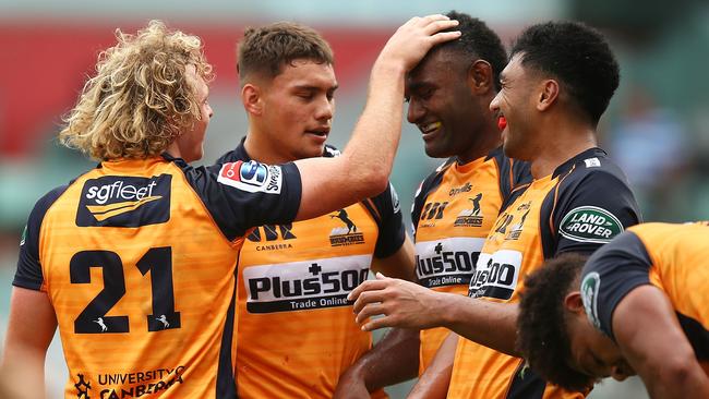 Joe Powell celebrates with Tevita Kuridrani. Picture: AAP/Mark Nolan