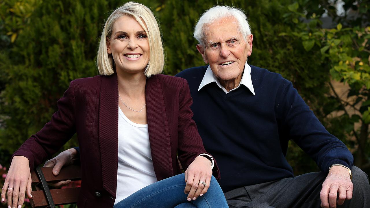 Fox Footy host Sarah Jones with her grandfather Jack, who passed away today at the age of 95. Picture: Ian Currie