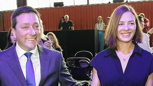 Matthew Guy and and his wife Renae arrive for the Coalition campaign launch in Melbourne on Sunday. Picture NCA NewsWire / Ian Currie