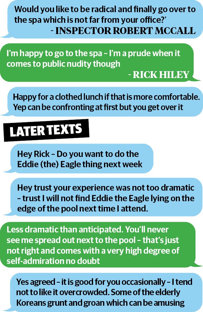 Text messages between Inspector Robert McCall and Rick Hiley.