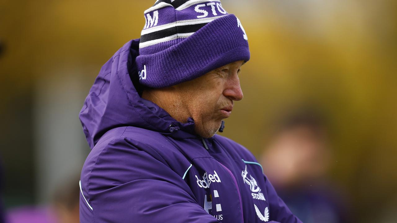 MELBOURNE, AUSTRALIA - JUNE 14: Storm head coach Craig Bellamy looks on during a Melbourne Storm NRL training session at Gosch's Paddock on June 14, 2022 in Melbourne, Australia. (Photo by Daniel Pockett/Getty Images)