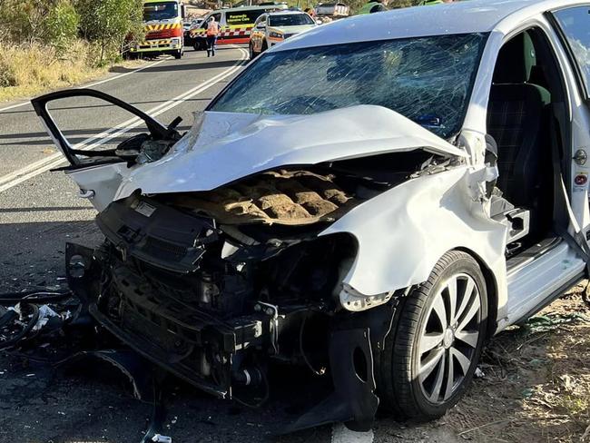 A head on  crash between a ute and hatchback on Mona Vale Rd at Ingleside on Thursday, August 10, 2023, which left three people, including an elderly couple, in Royal North Shore Hospital. Picture: Terrey Hills Rural Fire Service