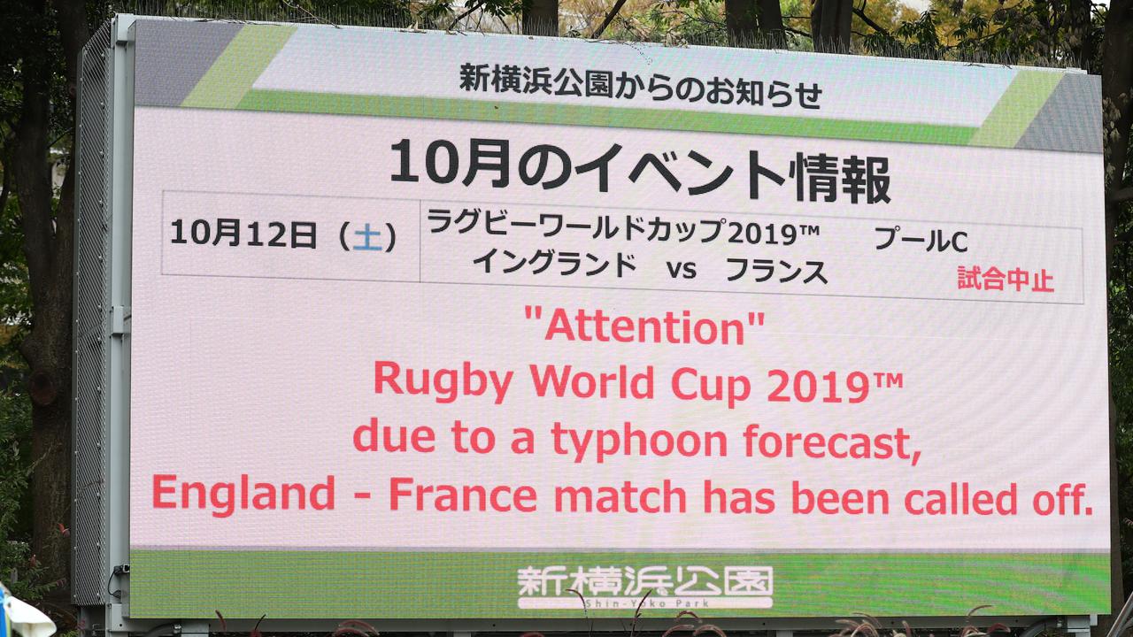 A sign outside Yokohama Stadium informs the cancellation of England v France.