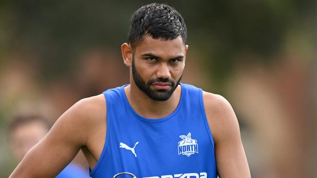 MELBOURNE, AUSTRALIA - MARCH 18: Tarryn Thomas of the Kangaroos warms up ahead of the VFL Practice Match between North Melbourne and Williamstown at Arden Street Ground on March 18, 2023 in Melbourne, Australia. (Photo by Morgan Hancock/Getty Images)