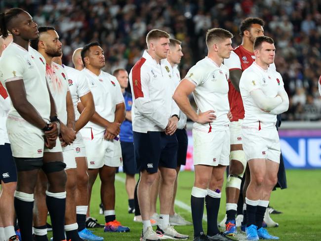 YOKOHAMA, JAPAN - NOVEMBER 02: The England team react to their defeat after the Rugby World Cup 2019 Final between England and South Africa at International Stadium Yokohama on November 02, 2019 in Yokohama, Kanagawa, Japan. (Photo by Hannah Peters/Getty Images)