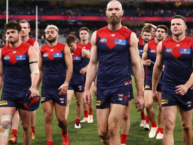 MELBOURNE . 09/09/2022. AFL. 2nd Semi Final. Melbourne vs Brisbane Lions at the MCG.   Skipper Max Gawn leads the Demons off the MCG after losing to Brisbane    . Picture by Michael Klein