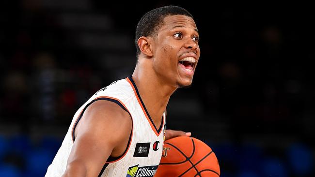 HOBART, AUSTRALIA - APRIL 04: Scott Machado of the Taipans looks to pass during the round 18 NBL match between New Zealand Breakers and Cairns Taipans at MyState Bank Arena on April 04, 2022, in Hobart, Australia. (Photo by Steve Bell/Getty Images)