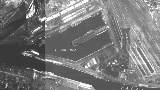 Aerial view of Docklands in 1945. At this time, the docks were still being used as the major shipping port in Melbourne.