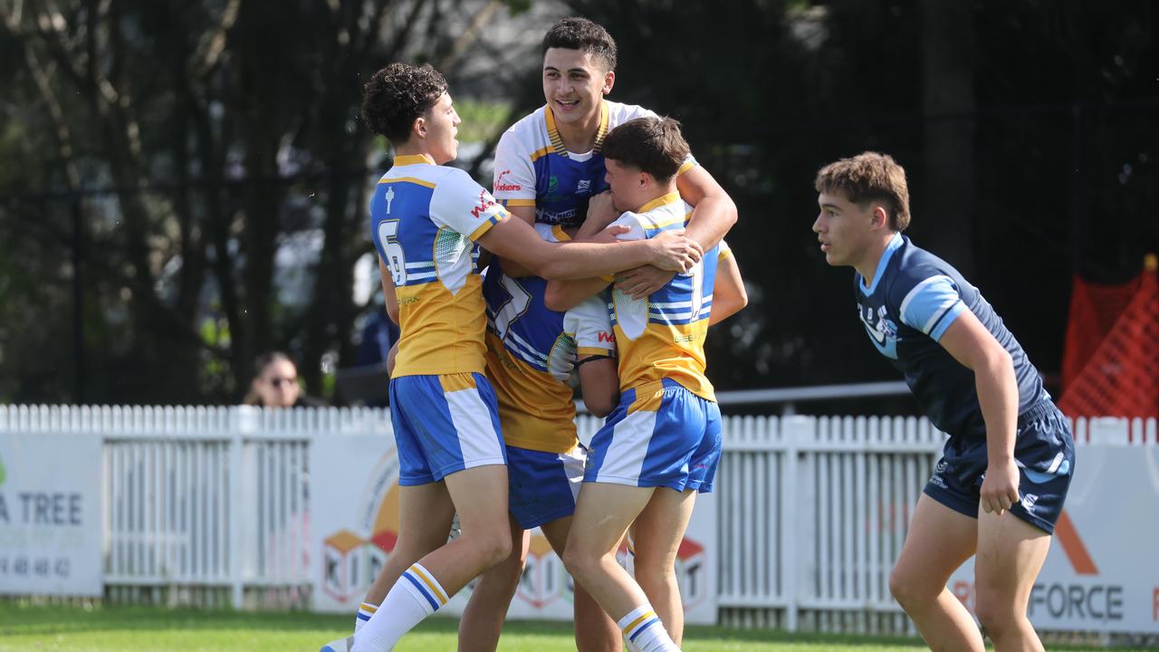 Patrician Brothers Blacktown players celebrate during the win over Matraville SHS. Picture: Tim Hunter