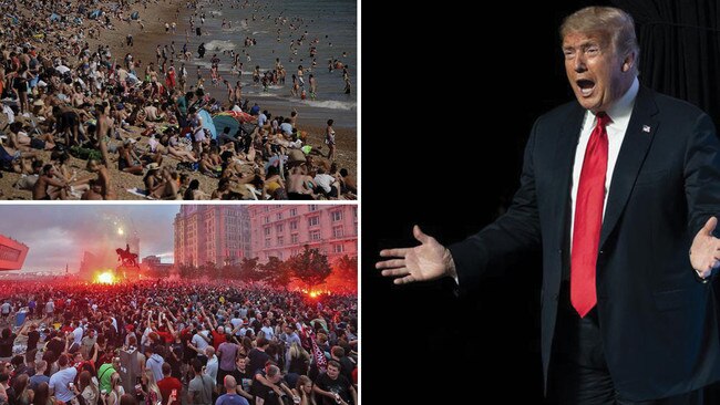 Brighton beachgoers in the UK after restrictions lifted, top left, Liverpool soccer fans, bottom left, and US President Donald Trump, right. Pictures: AP