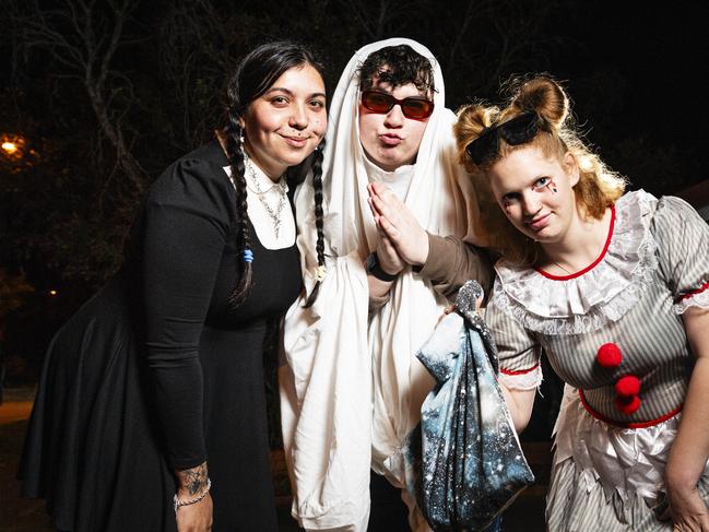 Celebrating Halloween are (from left) Dekoda Bell with Alex and Shaykala, Thursday, October 31, 2024. Picture: Kevin Farmer