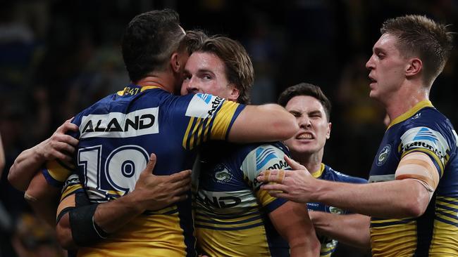 Parramatta's Clint Gutherson celebrates after scoring his second try during the NRL Semi Final between the Parramatta Eels and South Sydney Rabbitohs at Bankwest Stadium, Parramatta. Picture: Brett Costello