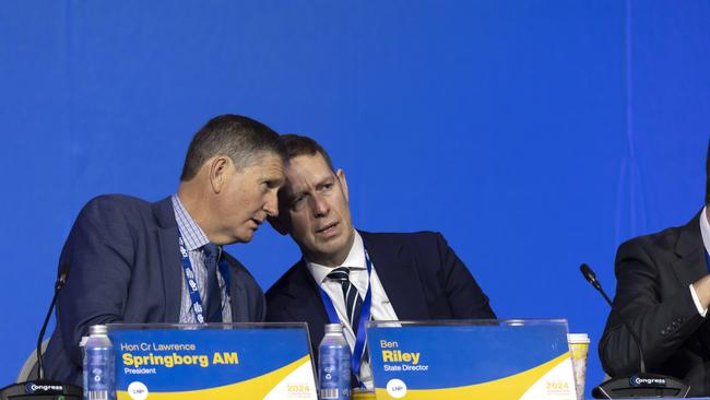 Lawrence Springborg and Ben Riley at the LNP Convention in South Brisbane on July 7, 2024. Picture: Richard Walker