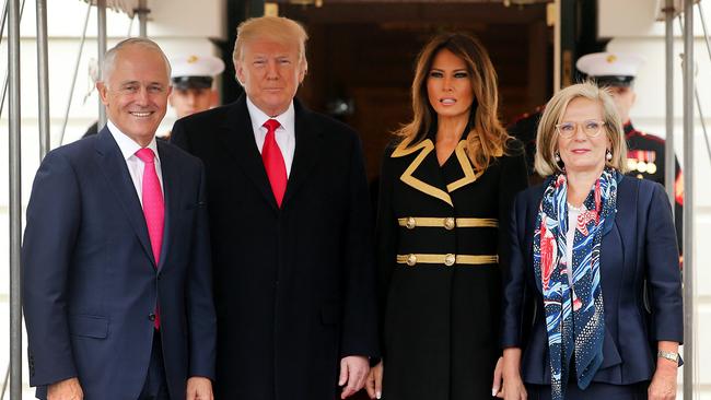 Australian Prime Minister Malcolm Turnbull, US President Donald Trump and his wife Melania and Lucy Turnbull. Trade was on the agenda at the recent White House meeting. Picture: Nathan Edwards