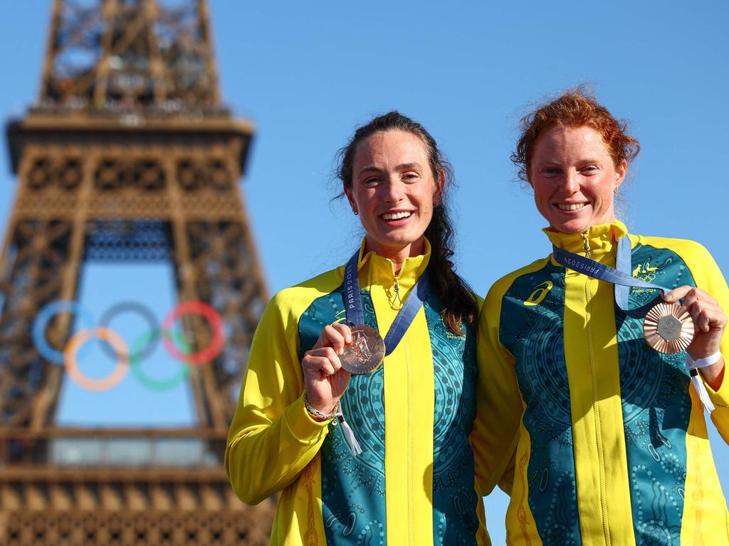 Annabelle McIntyre (right) and Jess Morrison won Australia’s only rowing medal in Paris, taking bronze in the women's pair. Picture: AFP