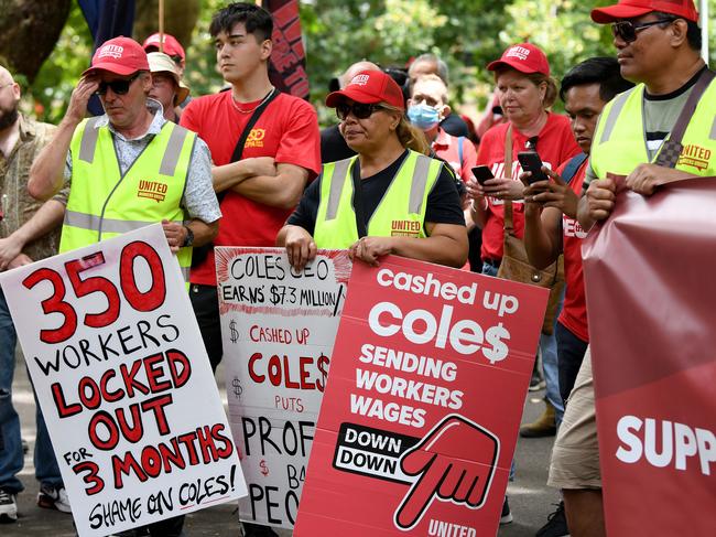 SYDNEY, AUSTRALIA - NCA NewsWire Photos DECEMBER, 12, 2020: Protestors carrying placards are seen during an anti-Coles rally in Sydney. Coles workers, who have been locked out from the Smeaton Grange distribution centre, are calling on Coles to treat them fairly as they face redundancies when the shed closes in a couple of years. Picture: NCA NewsWire/Bianca De Marchi