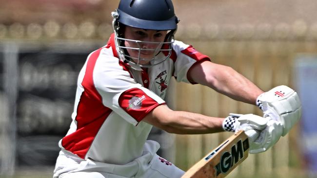 RomseyÃs Matthew Milne during the GDCA Bacchus Marsh v Romsey cricket match at MacPherson Park in Maddingley, Saturday, Feb. 4, 2023.Picture: Andy Brownbill