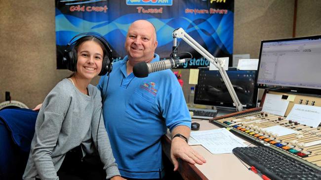 Radio 97 breakfast announcer Scott Mayman with work experience student Amy Van den Akker in the studio. Picture: Scott Powick