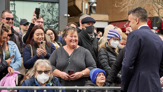 Premier Peter Malinauskas greets the crowd at Parliament House, North Tce, after the Proclamation of the ascension of King Charles III. Picture: Matt Loxton