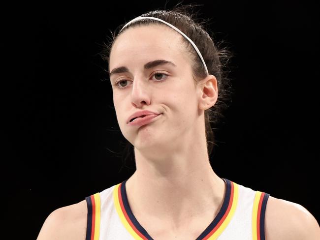 NEW YORK, NEW YORK - JUNE 02: Caitlin Clark #22 of the Indiana Fever reacts in the first quarter of a game against the New York Liberty at Barclays Center on June 02, 2024 in the Brooklyn borough of New York City. NOTE TO USER: User expressly acknowledges and agrees that, by downloading and or using this photograph, User is consenting to the terms and conditions of the Getty Images License Agreement. (Photo by Luke Hales/Getty Images)