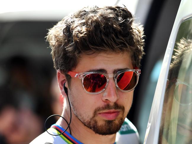 World Champion Slovakian rider Peter Sagan of team Bora-Hansgrohe is seen before the start of during stage four of the Tour Down Under from Norwood to Uraidla, South Australia, Friday, January 19, 2018. (AAP Image/Dan Peled) NO ARCHIVING, EDITORIAL USE ONLY