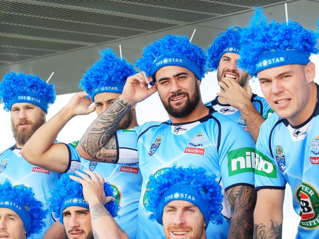 Andrew Fifita models his Blatchys Blues wigs during the NSW Blues team photo at The Star. Picture: Mark Evans