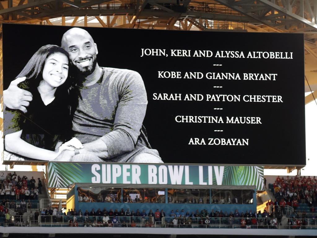 Kobe Bryant and his daughter Gianna Bryant are honored along with all of the helicopter crash victims before the Super Bowl. Picture: AP