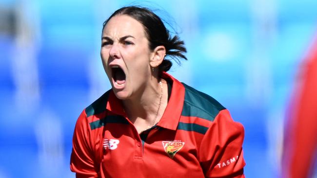 HOBART, AUSTRALIA - FEBRUARY 24: Heather Graham of the Tigers celebrates the wicket of Lauren Winfield-Hill of the Fire during the WNCL match between Tasmania and Queensland at Blundstone Arena, on February 24, 2024, in Hobart, Australia. (Photo by Steve Bell/Getty Images)