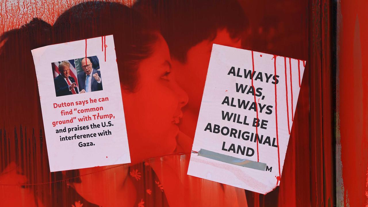 Signs plastered on Mr Dutton’s office at Arana Hills just days before the federal election. . Picture: NewsWire/Tertius Pickard