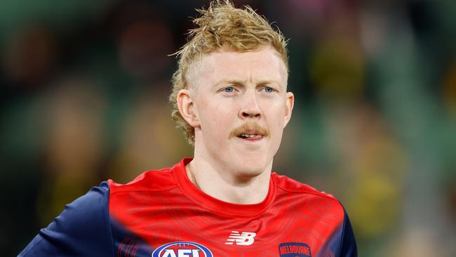 MELBOURNE, AUSTRALIA - APRIL 24: Clayton Oliver of the Demons warms up before the 2024 AFL Round 07 match between the Richmond Tigers and the Melbourne Demons at the Melbourne Cricket Ground on April 24, 2024 in Melbourne, Australia. (Photo by Dylan Burns/AFL Photos via Getty Images)