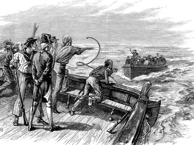 An engraving showing Captain Bligh being cast adrift from The Bounty.