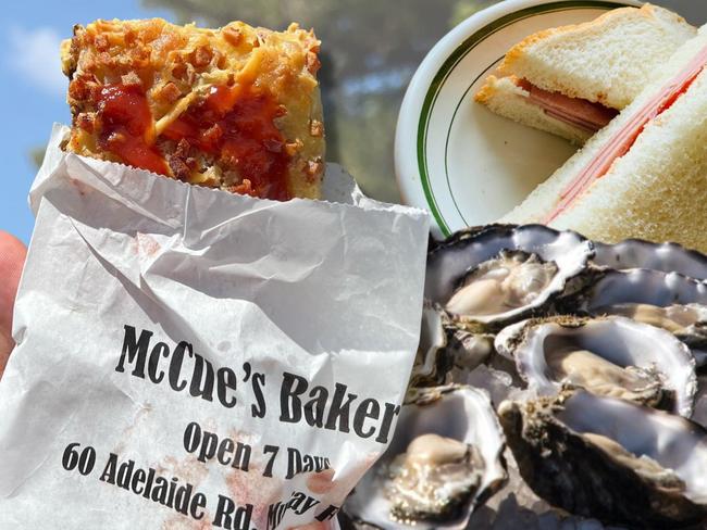 The savoury slice from McCues Bakery, Coffin Bay oysters and a fritz and sauce sanga all make the cut. Pictures: Adam Liaw/Twitter